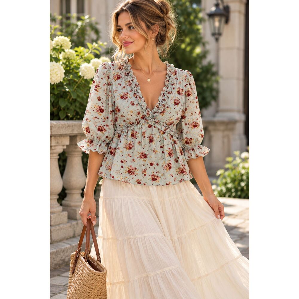 Hyacinth House Floral Ruffle Peplum Blouse Sage Green Rose Print Size L